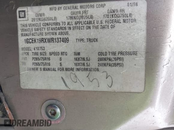 ✅ 1998 Chevrolet Silverado 1500 • VIN: 1GCEK19RXWR137409 • Lot: 43411044. Listed on IAAI with 311,607 mi. Free auction sales archive from the USA and detailed vehicle history report at DreamBid. Image 9.