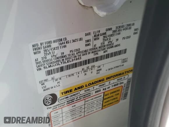 ✅ 2020 Lincoln Navigator Reserve • VIN: 5LMJJ3LT3LEL01953 • Lot: 65902685. Listed on Copart with 44,319 mi. Free auction sales archive from the USA and detailed vehicle history report at DreamBid. Image 13.