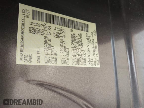 ✅ 2017 Nissan Titan SV • VIN: 1N6AA1F21HN551632 • Lot: 42756675. Listed on IAAI with 60,664 mi. Free auction sales archive from the USA and detailed vehicle history report at DreamBid. Image 9.