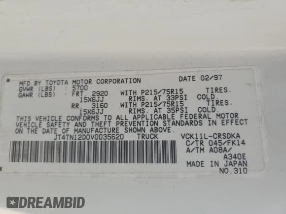 ✅ 1997 Toyota T100 DX • VIN: JT4TN12D0V0035620 • Лот: 69925814. Опубликован ранее на Copart с пробегом Не указан. Бесплатный доступ к архиву аукционных продаж из США и подробный отчёт об истории автомобиля на DreamBid. Изображение 14.