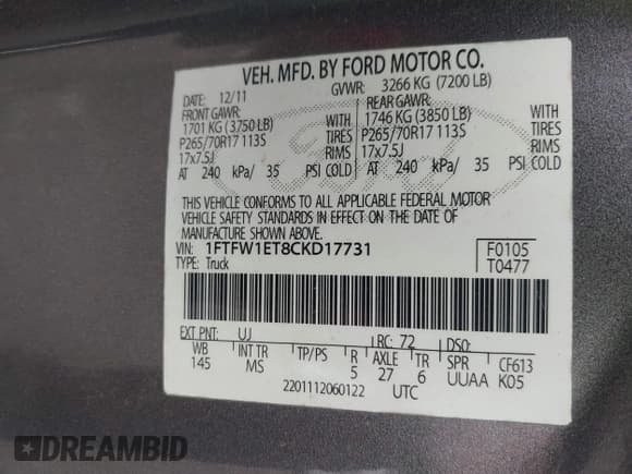 ✅ 2012 Ford F-150 XL • VIN: 1FTFW1ET8CKD17731 • Lot: 43079446. Listed on IAAI with 132,531 mi. Free auction sales archive from the USA and detailed vehicle history report at DreamBid. Image 9.