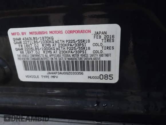 2016 Mitsubishi Outlander ES with VIN JA4AP3AU0GZ033356, listed as a IAAI auction lot 43148018 with 168,338 mi miles and . Bid and sale history available at DreamBid. Image 9.