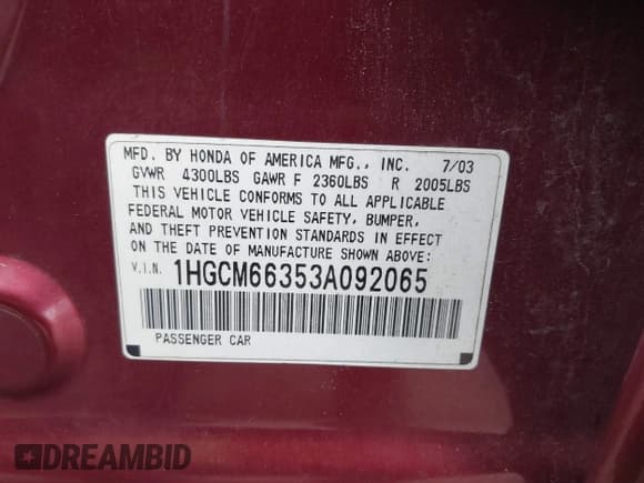 ✅ 2003 Honda Accord LX • VIN: 1HGCM66353A092065 • Lot: 39880602. Listed on IAAI with 133,470 mi. Free auction sales archive from the USA and detailed vehicle history report at DreamBid. Image 9.