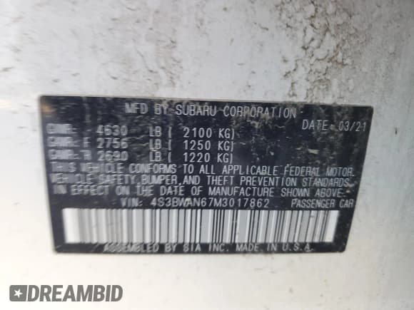 ✅ 2021 Subaru Legacy Limited • VIN: 4S3BWAN67M3017862 • Lot: 90495045. Wystawiony na Copart z przebiegiem 56 700 mil. Bezpłatny archiwum sprzedaży aukcyjnych z USA i szczegółowy raport historii pojazdu na DreamBid. Zdjęcie 13.