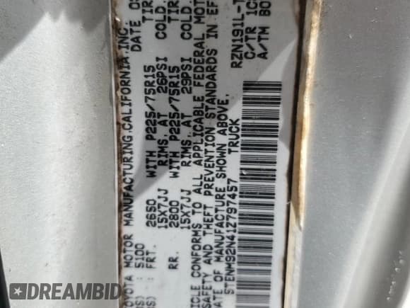 ✅ 2001 Toyota Tacoma PreRunner • VIN: 5TENM92N41Z797457 • Lot: 63729765. Listed on Copart with 89,866 mi. Free auction sales archive from the USA and detailed vehicle history report at DreamBid. Image 12.