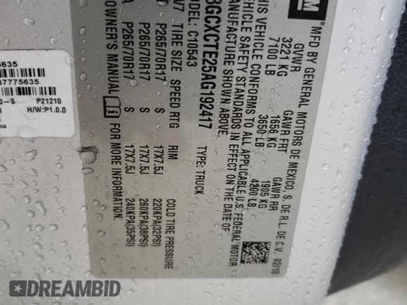 ✅ 2010 Chevrolet Silverado 1500 LTZ • VIN: 3GCXCTE25AG192417 • Lot: 46258205. Listed on Copart with 156,167 mi. Free auction sales archive from the USA and detailed vehicle history report at DreamBid. Image 14.