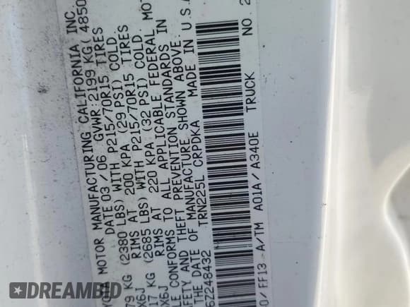 ✅ 2006 Toyota Tacoma • VIN: 5TETX22N96Z248432 • Лот: 82707615. Опубликован ранее на Copart с пробегом Не указан. Бесплатный доступ к архиву аукционных продаж из США и подробный отчёт об истории автомобиля на DreamBid. Изображение 12.