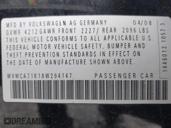 ✅ 2008 Volkswagen Rabbit S • VIN: WVWCA71K18W294147 • Lot: 43550937. Listed on IAAI with 129,606 mi. Free auction sales archive from the USA and detailed vehicle history report at DreamBid. Image 9.