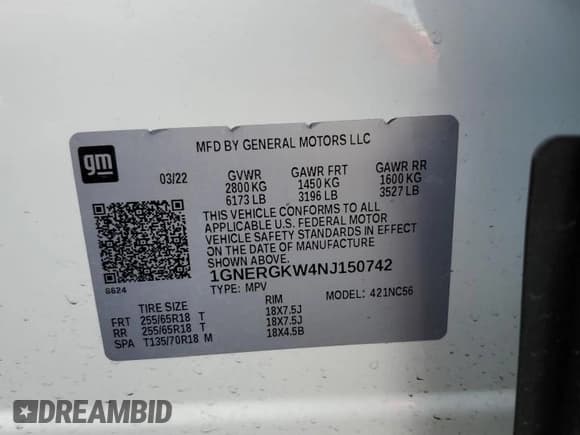 ✅ 2022 Chevrolet Traverse LT Cloth • VIN: 1GNERGKW4NJ150742 • Lot: 71313465. Listed on Copart with 47,060 mi. Free auction sales archive from the USA and detailed vehicle history report at DreamBid. Image 13.