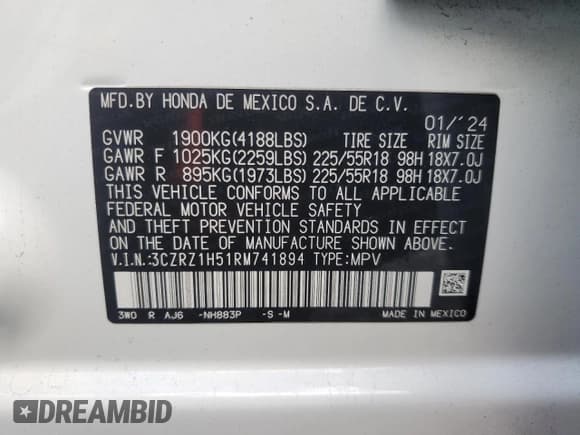 ✅ 2024 Honda HR-V Sport • VIN: 3CZRZ1H51RM741894 • Lot: 89686295. Listed on Copart with 17,153 mi. Free auction sales archive from the USA and detailed vehicle history report at DreamBid. Image 13.