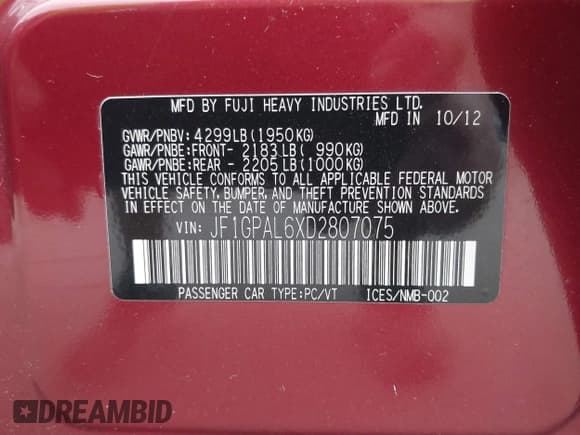 ✅ 2013 Subaru Impreza Special Sports Premium • VIN: JF1GPAL6XD2807075 • Лот: 43036674. Опубликован ранее на IAAI с пробегом 97 071 миль. Бесплатный доступ к архиву аукционных продаж из США и подробный отчёт об истории автомобиля на DreamBid. Изображение 9.