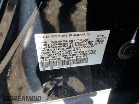 ✅ 2020 Honda Pilot Touring 7-Passenger • VIN: 5FNYF6H67LB003609 • Lot: 89931815. Listed on Copart with 96,513 mi. Free auction sales archive from the USA and detailed vehicle history report at DreamBid. Image 13.