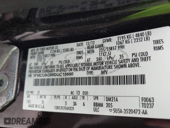 ✅ 2013 Ford Escape SE • VIN: 1FMCU9G96DUC18660 • Lot: 42398855. Listed on IAAI with 144,490 mi. Free auction sales archive from the USA and detailed vehicle history report at DreamBid. Image 9.