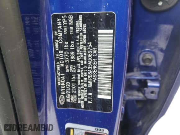 2021 Hyundai Venue SE z VIN KMHRB8A35MU069754, wystawiony jako Copart lot #81769885 z przebiegiem Nie podano mil oraz Szkoda całkowita • Salvage title. Historia ofert i sprzedaży dostępna na DreamBid. Obrazek 12.