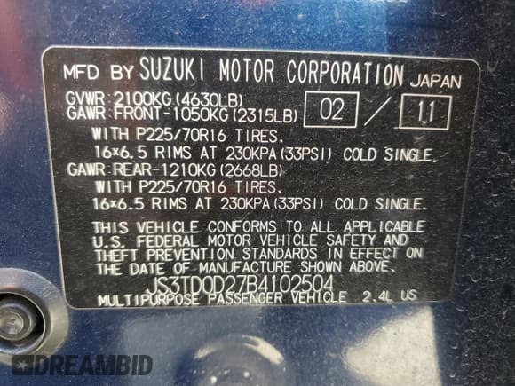 ✅ 2011 Suzuki Grand Vitara Premium • VIN: JS3TD0D27B4102504 • Lot: 65537235. Listed on Copart with 115,811 mi. Free auction sales archive from the USA and detailed vehicle history report at DreamBid. Image 13.