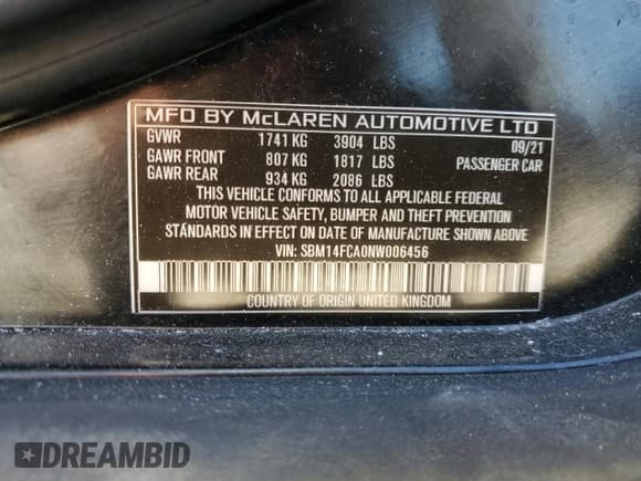 ✅ 2022 McLaren 720S • VIN: SBM14FCA0NW006456 • Lot: 48148685. Wystawiony na Copart z przebiegiem 6 859 mil. Bezpłatny archiwum sprzedaży aukcyjnych z USA i szczegółowy raport historii pojazdu na DreamBid. Zdjęcie 13.