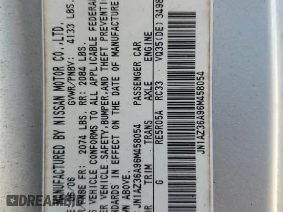 ✅ 2006 Nissan 350Z Touring • VIN: JN1AZ36A96M458054 • Lot: 91496105. Listed on Copart with 131,871 mi. Free auction sales archive from the USA and detailed vehicle history report at DreamBid. Image 12.