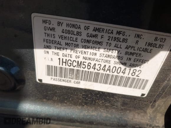 ✅ 2004 Honda Accord LX • VIN: 1HGCM56434A004182 • Lot: 43753242. Wystawiony na IAAI z przebiegiem 165 749 mil. Bezpłatny archiwum sprzedaży aukcyjnych z USA i szczegółowy raport historii pojazdu na DreamBid. Zdjęcie 9.