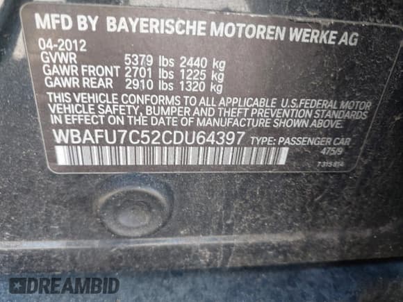 ✅ 2012 BMW 5 Series 535i xDrive • VIN: WBAFU7C52CDU64397 • Lot: 43369769. Listed on IAAI with Not provided. Free auction sales archive from the USA and detailed vehicle history report at DreamBid. Image 9.