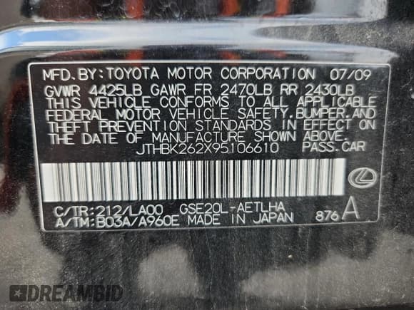 ✅ 2009 Lexus IS 250 • VIN: JTHBK262X95106610 • Lot: 90024425. Listed on Copart with 219,949 mi. Free auction sales archive from the USA and detailed vehicle history report at DreamBid. Image 13.