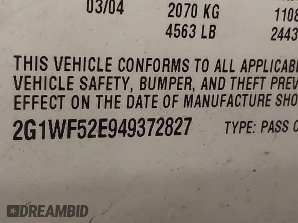 ✅ 2004 Chevrolet Impala • VIN: 2G1WF52E949372827 • Lot: 43846697. Listed on IAAI with 311,836 mi. Free auction sales archive from the USA and detailed vehicle history report at DreamBid. Image 9.