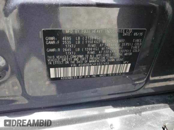 ✅ 2015 Subaru Outback 2.5i • VIN: 4S4BSBAC4F3337409 • Lot: 62709305. Listed on Copart with 134,627 mi. Free auction sales archive from the USA and detailed vehicle history report at DreamBid. Image 14.