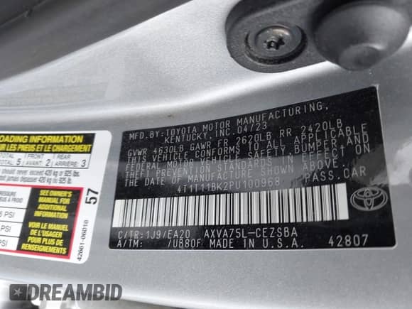 2023 Toyota Camry SE with VIN 4T1T11BK2PU100968, listed as a IAAI auction lot 43106071 with 7,833 mi miles and . Bid and sale history available at DreamBid. Image 9.