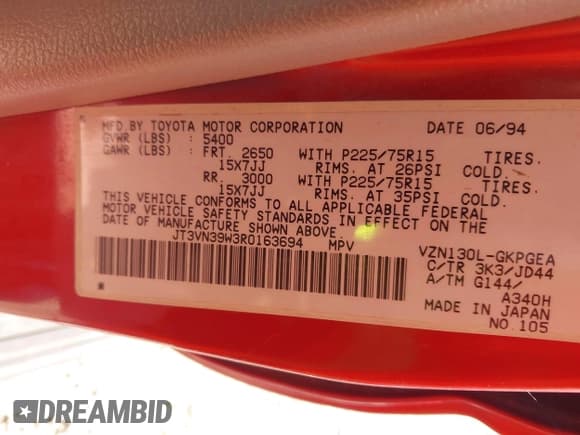 ✅ 1994 Toyota 4Runner • VIN: JT3VN39W3R0163694 • Lot: 42875456. Listed on IAAI with Not provided. Free auction sales archive from the USA and detailed vehicle history report at DreamBid. Image 9.