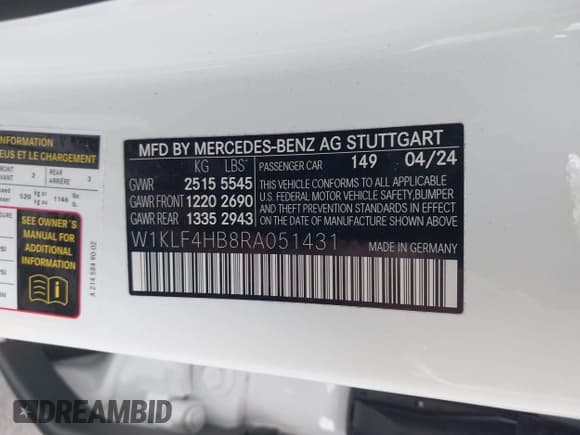 ✅ 2024 Mercedes-Benz E 350 • VIN: W1KLF4HB8RA051431 • Lot: 42121553. Listed on IAAI with 5,822 mi. Free auction sales archive from the USA and detailed vehicle history report at DreamBid. Image 9.