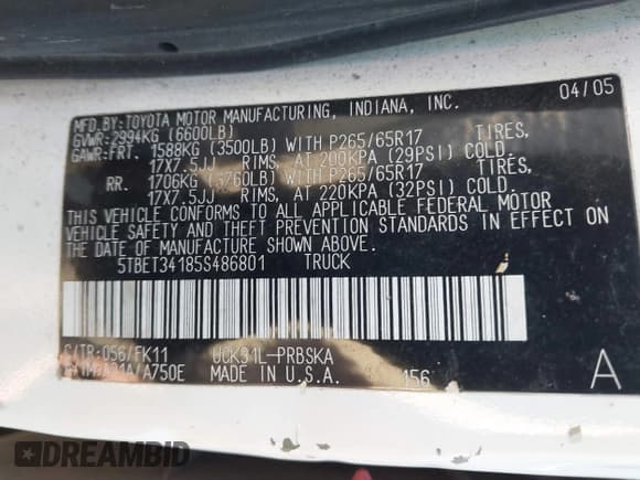 ✅ 2005 Toyota Tundra SR5 • VIN: 5TBET34185S486801 • Lot: 43460169. Listed on IAAI with 354,292 mi. Free auction sales archive from the USA and detailed vehicle history report at DreamBid. Image 9.