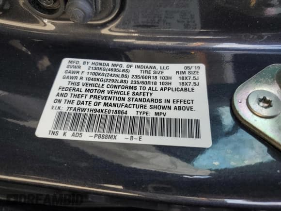 ✅ 2019 Honda CR-V Touring • VIN: 7FARW1H94KE018864 • Lot: 93495705. Listed on Copart with Not provided. Free auction sales archive from the USA and detailed vehicle history report at DreamBid. Image 13.