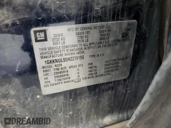 ✅ 2017 GMC Acadia SLT • VIN: 1GKKNULS5HZ279150 • Lot: 58652725. Listed on Copart with 197,498 mi. Free auction sales archive from the USA and detailed vehicle history report at DreamBid. Image 13.