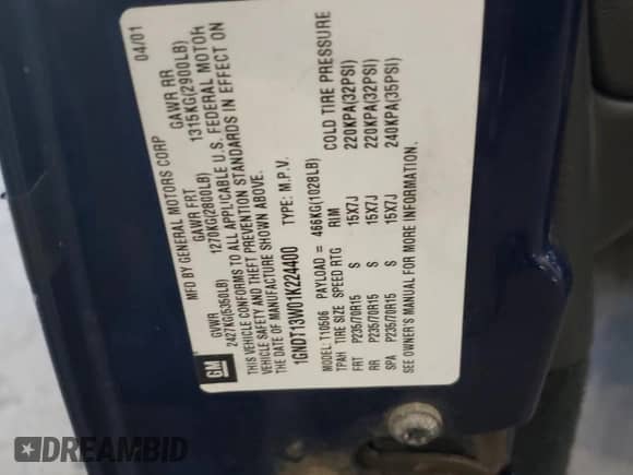 2001 Chevrolet Blazer LT z VIN 1GNDT13W01K224400, wystawiony jako Copart lot #72014684 z przebiegiem 46 747 mil mil oraz Szkoda całkowita • Salvage title. Historia ofert i sprzedaży dostępna na DreamBid. Obrazek 14.