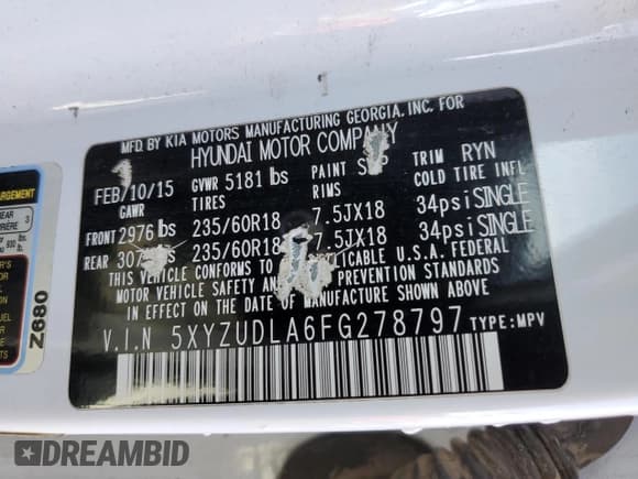 ✅ 2015 Hyundai Santa Fe Limited • VIN: 5XYZUDLA6FG278797 • Lot: 39714313. Listed on Copart with 116,265 mi. Free auction sales archive from the USA and detailed vehicle history report at DreamBid. Image 13.