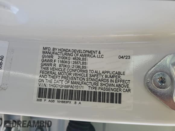 ✅ 2023 Honda Accord EX-L • VIN: 1HGCY2F68PA015171 • Lot: 83977725. Listed on Copart with 24,942 mi. Free auction sales archive from the USA and detailed vehicle history report at DreamBid. Image 12.