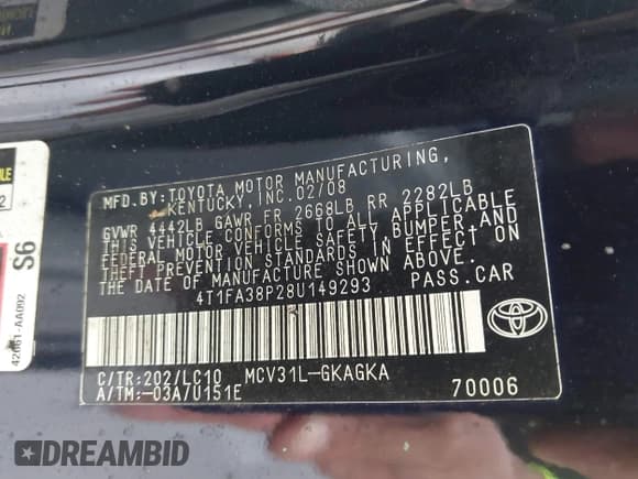 ✅ 2008 Toyota Solara SLE • VIN: 4T1FA38P28U149293 • Lot: 43887408. Listed on IAAI with 166,539 mi. Free auction sales archive from the USA and detailed vehicle history report at DreamBid. Image 9.