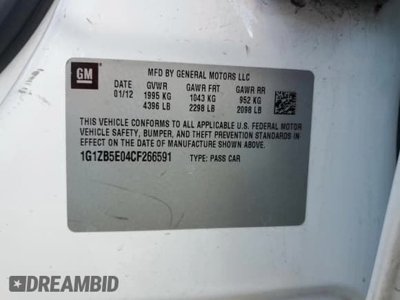 ✅ 2012 Chevrolet Malibu 1LS • VIN: 1G1ZB5E04CF266591 • Lot: 70972374. Listed on Copart with Not provided. Free auction sales archive from the USA and detailed vehicle history report at DreamBid. Image 12.