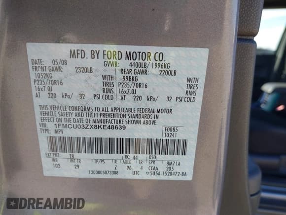 ✅ 2008 Ford Escape XLT • VIN: 1FMCU03ZX8KE48639 • Лот: 43479192. Опубликован ранее на IAAI с пробегом 166 601 миль. Бесплатный доступ к архиву аукционных продаж из США и подробный отчёт об истории автомобиля на DreamBid. Изображение 9.