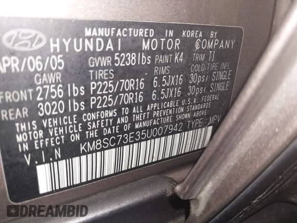 2005 Hyundai Santa Fe GLS с VIN KM8SC73E35U007942, выставлен на аукционе IAAI как лот 41201901 с пробегом 184 437 миль миль и . История ставок и продаж доступна на DreamBid. Изображение 9.