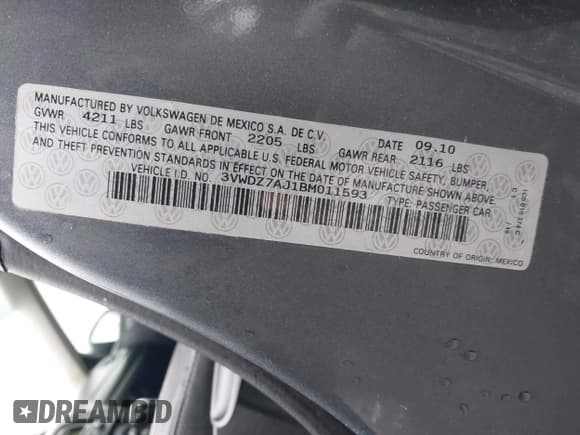 ✅ 2011 Volkswagen Jetta SE • VIN: 3VWDZ7AJ1BM011593 • Lot: 43059066. Listed on IAAI with 145,578 mi. Free auction sales archive from the USA and detailed vehicle history report at DreamBid. Image 9.