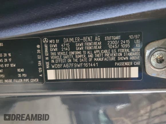 ✅ 1998 Mercedes-Benz SL 500 • VIN: WDBFA67F9WF161441 • Lot: 65966494. Listed on Copart with 167,996 mi. Free auction sales archive from the USA and detailed vehicle history report at DreamBid. Image 12.