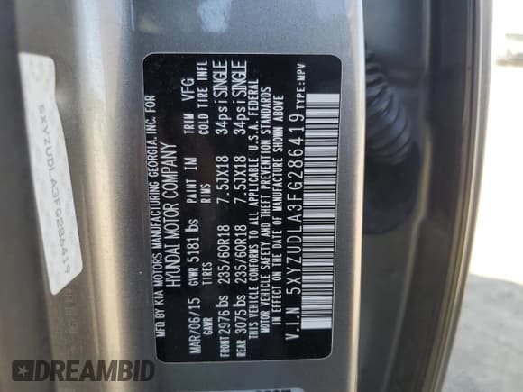 ✅ 2015 Hyundai Santa Fe Limited • VIN: 5XYZUDLA3FG286419 • Lot: 70561724. Listed on Copart with 110,471 mi. Free auction sales archive from the USA and detailed vehicle history report at DreamBid. Image 13.