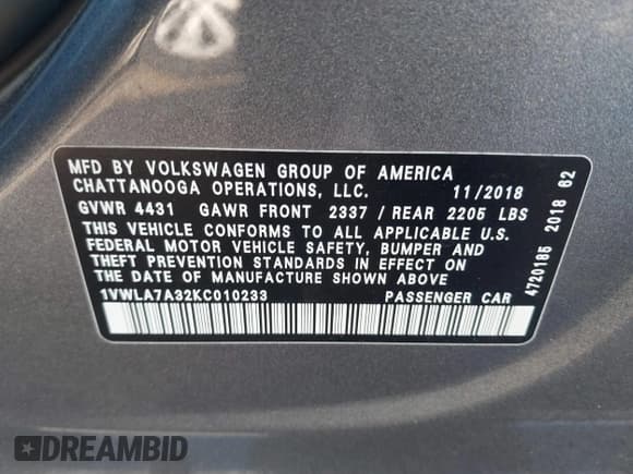 ✅ 2019 Volkswagen Passat Wolfsburg Edition • VIN: 1VWLA7A32KC010233 • Лот: 40954129. Опубликован ранее на IAAI с пробегом 105 434 миль. Бесплатный доступ к архиву аукционных продаж из США и подробный отчёт об истории автомобиля на DreamBid. Изображение 9.