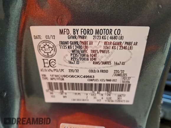 ✅ 2012 Ford Escape XLT • VIN: 1FMCU9DG6CKC49663 • Лот: 94233325. Опубликован ранее на Copart с пробегом 220 306 миль. Бесплатный доступ к архиву аукционных продаж из США и подробный отчёт об истории автомобиля на DreamBid. Изображение 13.