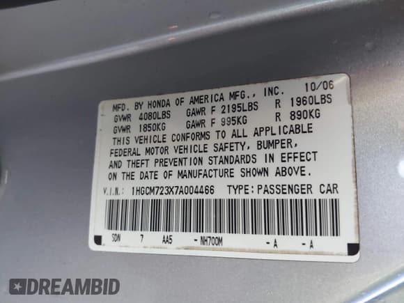 ✅ 2007 Honda Accord LX • VIN: 1HGCM723X7A004466 • Lot: 43575548. Wystawiony na IAAI z przebiegiem 177 301 mil. Bezpłatny archiwum sprzedaży aukcyjnych z USA i szczegółowy raport historii pojazdu na DreamBid. Zdjęcie 9.