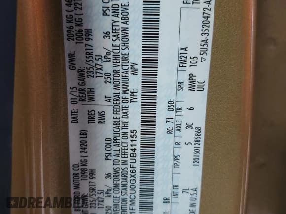 ✅ 2015 Ford Escape SE • VIN: 1FMCU0GX6FUB41155 • Lot: 41928215. Listed on Copart with 184,265 mi. Free auction sales archive from the USA and detailed vehicle history report at DreamBid. Image 13.