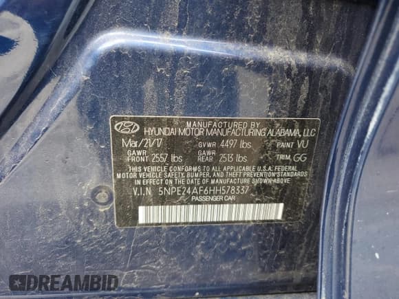 ✅ 2017 Hyundai Sonata SE • VIN: 5NPE24AF6HH578337 • Lot: 51625303. Listed on Copart with 80,496 mi. Free auction sales archive from the USA and detailed vehicle history report at DreamBid. Image 12.