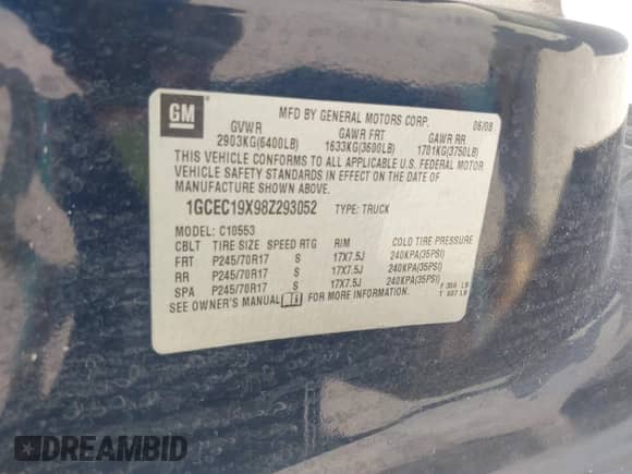 2008 Chevrolet Silverado 1500 Work Truck with VIN 1GCEC19X98Z293052, listed as a IAAI auction lot 42165426 with 287,865 mi miles and . Bid and sale history available at DreamBid. Image 9.