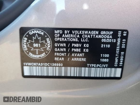 ✅ 2013 Volkswagen Passat SEL Premium • VIN: 1VWCN7A31DC136980 • Lot: 91097485. Listed on Copart with 201,481 mi. Free auction sales archive from the USA and detailed vehicle history report at DreamBid. Image 12.