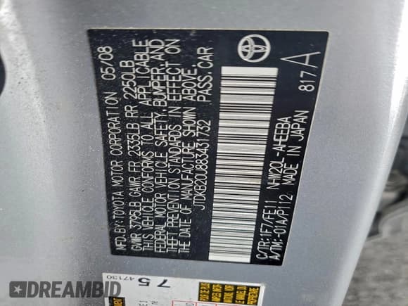 ✅ 2008 Toyota Prius • VIN: JTDKB20U883431732 • Lot: 93679245. Listed on Copart with 240,189 mi. Free auction sales archive from the USA and detailed vehicle history report at DreamBid. Image 12.